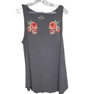 American Eagle MEDIUM Soft & Sexy Tank Top Women Black Embroidered Rose Floral